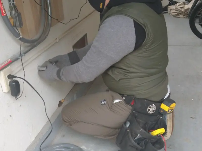 Electrician performing outlet wiring in a Pleasanton garage